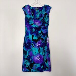 Lauren Ralph Lauren Floral Sheath Dress Cowl Neck Sleeveless Purple Blue Size 4P